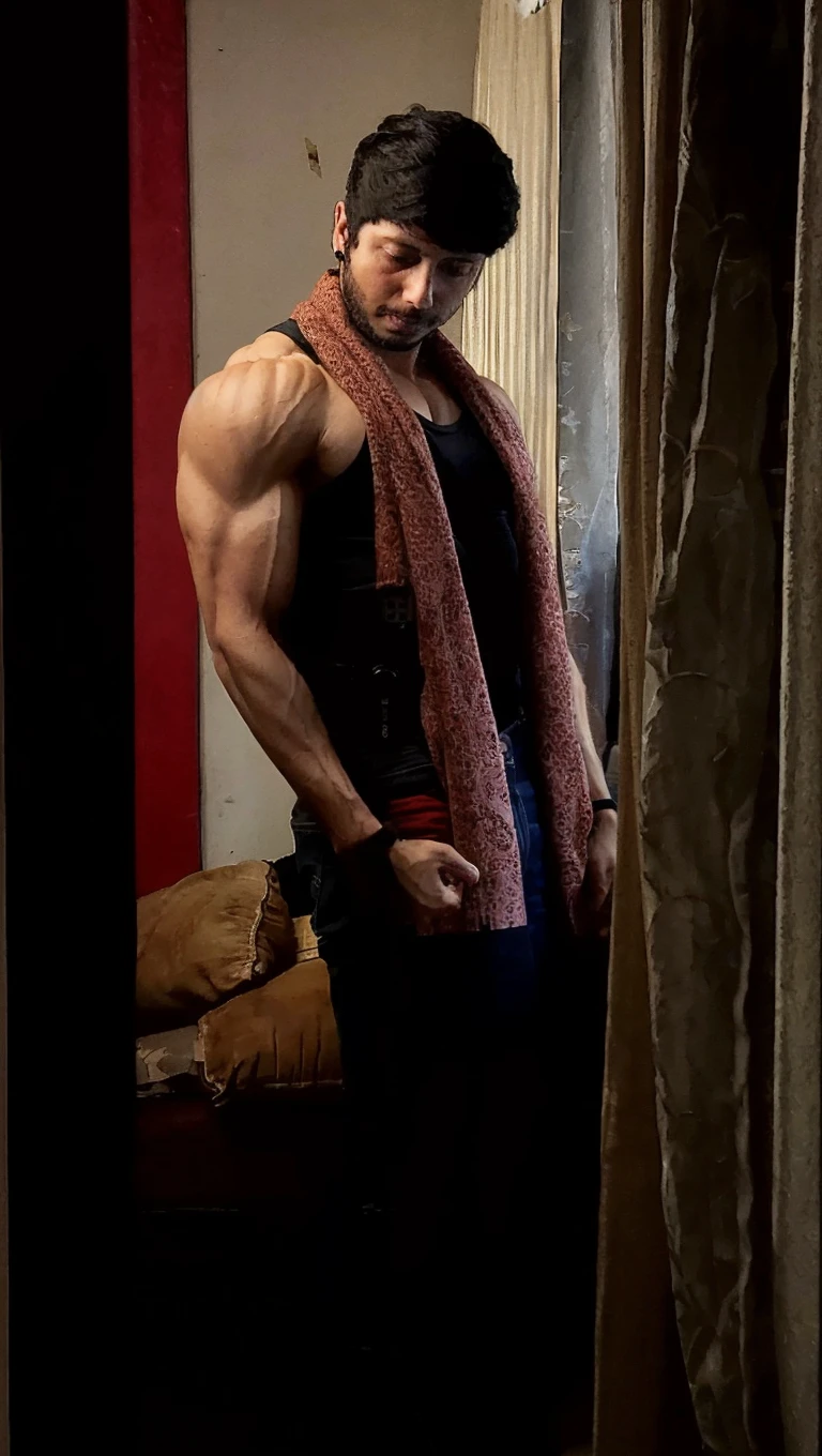 Handsome man, slanted emerald green eyes, intense red hair, straight and short with messy strands, muscular body, semi-naked, red boxers, taking a full body photo, in front of a large mirror, grunge style room, full hd, anime style photography