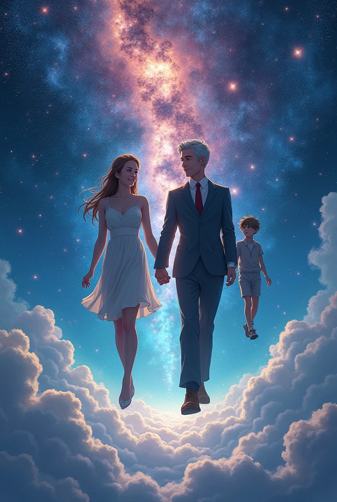 Lovers walking on the moon and contemplating the vast outer space with stars, comets, and other planets in the background, very well detailed sky, masterpiece, best quality, ultra-detailed, floating scene, light white clothes, loose hair, lightly embraced air, soft light, happy and optimistic feelings.