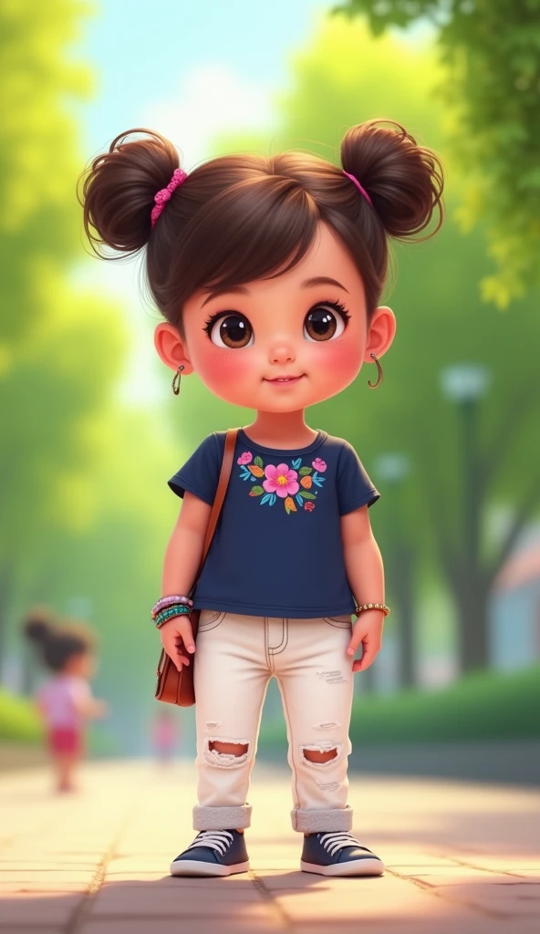 Create a digitally stylized illustration of a charming baby girl with round cheeks, dressed in a trendy outfit. She is wearing a navy-blue top with floral embroidery, white jeans, and accessorized with a small handbag and bracelets. Her hair is styled in two cute buns, and she stands confidently outdoors with a blurred green park in the background. The setting is bright and cheerful, emphasizing the baby's fashionable and modern appearance."
