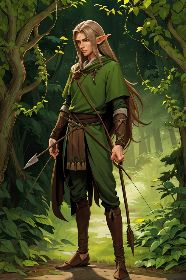 1boy, male focus, wood elf, long hair, slender and athletic build, sharp features, pointed ears, standing, full body, holding bow, quiver with arrows, mystical forest background, leaves and vines, green and brown tones, intense gaze, WHFRPGchara style