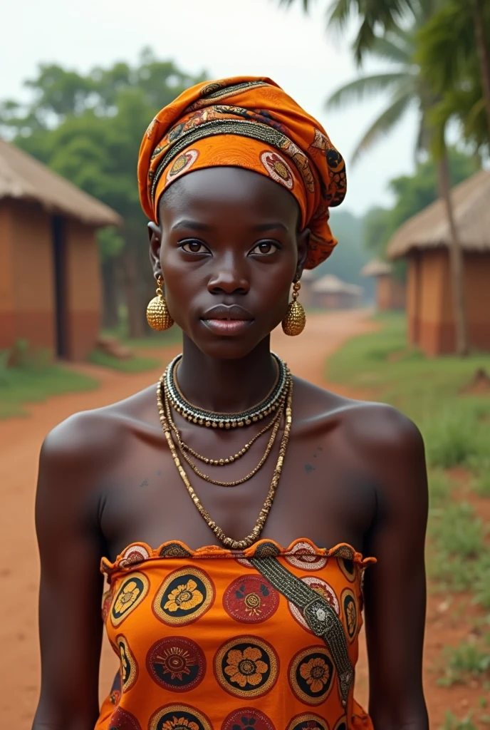 rural Ghanaian woman in traditional dress, sexy cleavage, beautiful, head wrapped in traditional Ghanaian scarf, simple jewelry, posing for photo, looking straight at viewer, very big breasts, sexy pose, detailed expression, full body (1.2)
