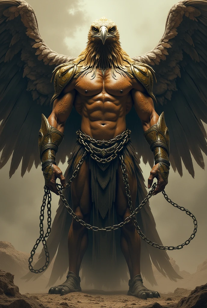 low angle shot of a male angel with huge dark wings screaming at the sky in anger. chains are holding the angel to the ground. in high detailed style. colorful and vibrant. sad and epic.