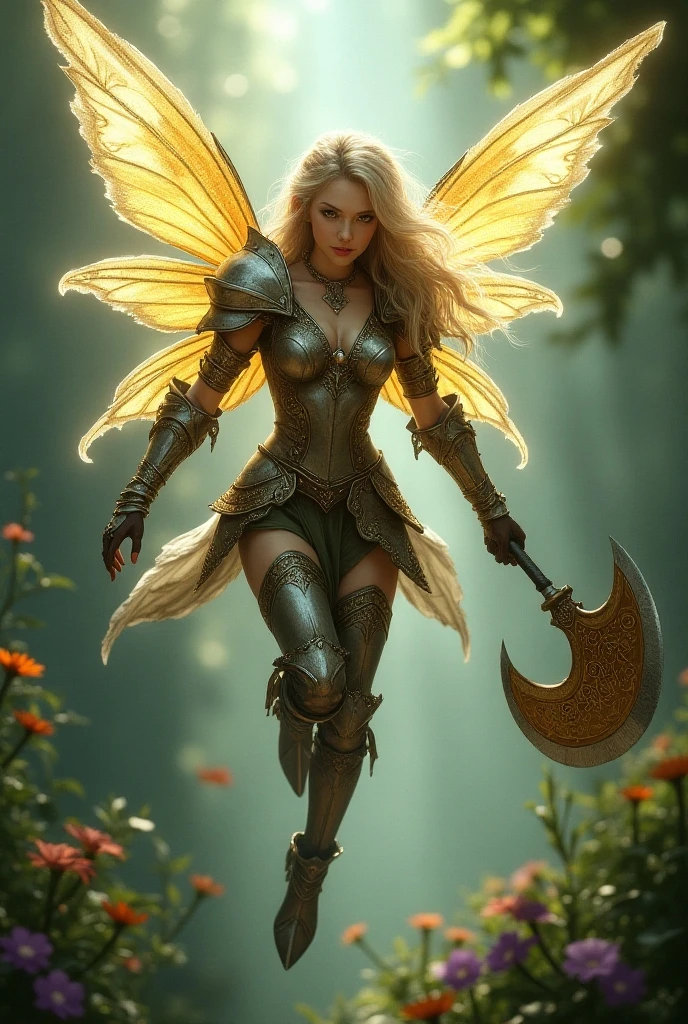 Small Mischievous beautiful adult female fairy flying with shimmering wings holding a great axe wearing battle armor 