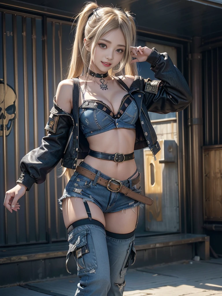 (Beautiful lips and nose:1.4)、(Long eyelashes:1.4)、(Smiling with teeth showing:1.3),(Shibuya Gal:1.5)、(Goth delicate embellished dress:1.5)、(Tattered denim and black punk rock cargo pants:1.5)、(Denim and black navy skull mark small jacket:1.4)、(denim garter belt:1.5)、(Black and denim knee socks:1.3)、(Skull Silver Accessories:1.5)、(Denim collar:1.3)、(Brown Skin Belt:1.4)、(Brown boots:1.2)、(The underwear is striped:1.4)、31 years old、((Highest quality、In 8K、masterpiece:1.3))、Sharp focus:1.2、(Layered Cut、Huge boobs:1.1),Beautiful woman with perfect figure:1.4、(Dancing vigorously:1.3)、Slender Abs:1.2、Highly detailed face and skin texture、Detailed eyes、double eyelid,(Twin tails:1.3)、(Cream colored hair:1.3)、Gravure idol、(The background is a vast mountain with a clear view々Beautiful luxury resort destination in Europe:1.3)、(Slim Body:1.2),(Make your legs thinner:1.4),(clavicle:1.1)