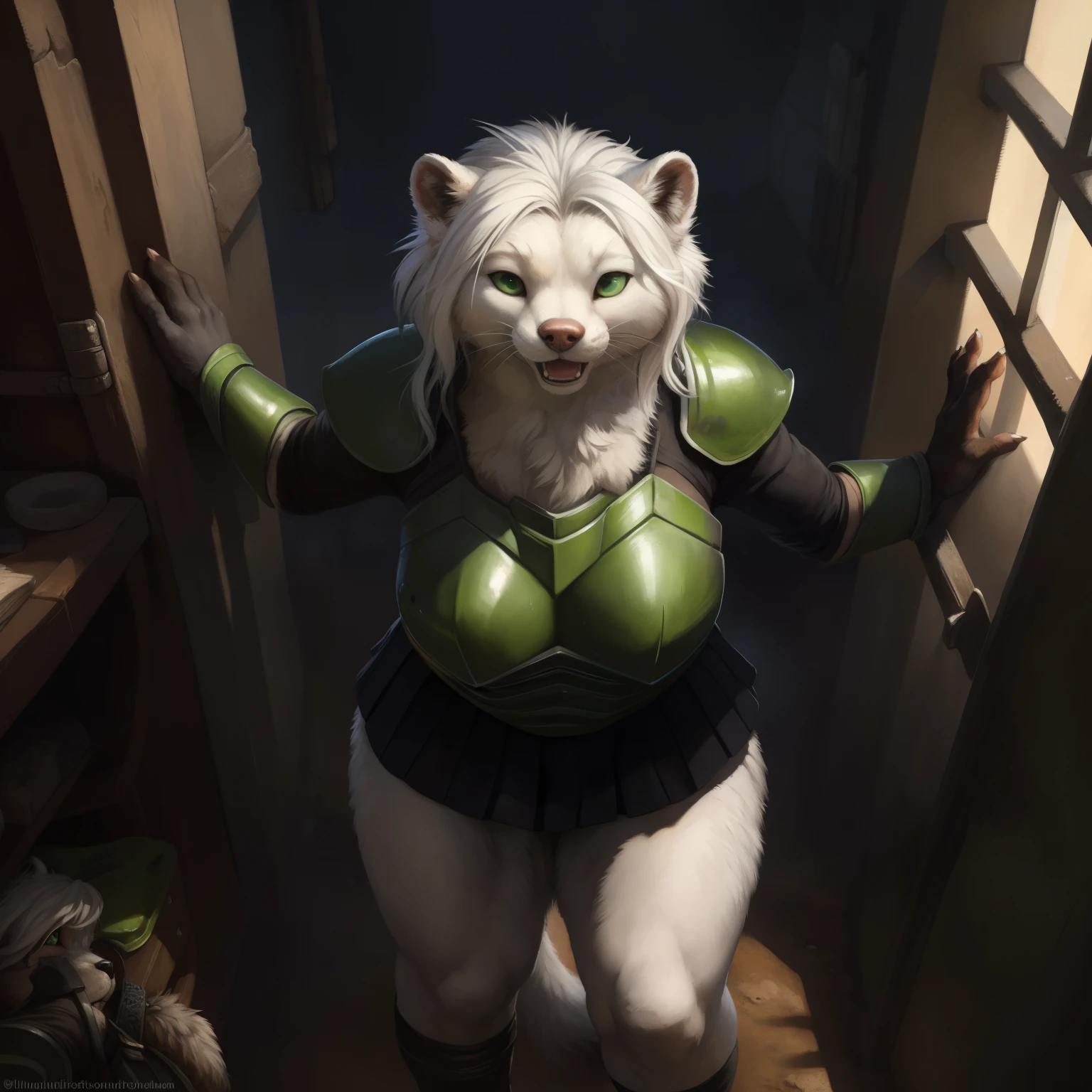 (ultra detailed), a beautiful and detailed full size portrait of a female anthro mustelid, stoat, tail, (((white body, fur, white skin, white hair))), green eyes, bedroom eyes, High Dynamic Range, cinematic shot, detailed eyes, big body goddess, kenket, Ross Tran,ruan jia, trending on artstation,foxovh, cenematic lighting, big breaths, big , big , big , (((green armor, black under shirt, black skirt, black leg wear,))), dungeon, iron bars, inside jail, full body, high angle view, lying down, pov sex, penis in vagina, human on stoat, open mouth, sad, sweating, looking at viewer, fog, night, detailed background,
