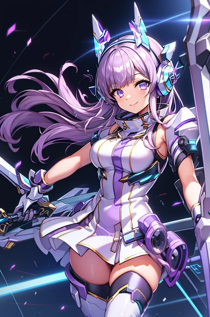 smile、smile、mecha wing、Thighs、tights、chest、shiny lilac hair、 1 girl、 solo girl 、 headphones、idol dress、 I have a sword、 has a shield、mecha girl、 white miniskirt 