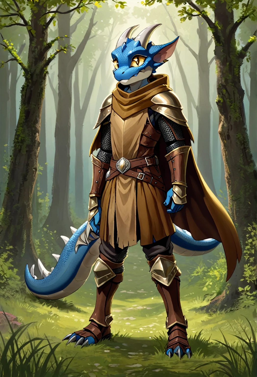 anthropomorphic small kobold, male, he has well-detailed blue scales, he has curved horns with white divisions, he has long furry ears, he has beautiful well-detailed yellow eyes,he is wearing a medieval leather armor, he is wearing a ruined and torn light brown poncho, he is standing in grass, in the background there is a forest, 2d art style, full body view from the front and looking at the viewer.