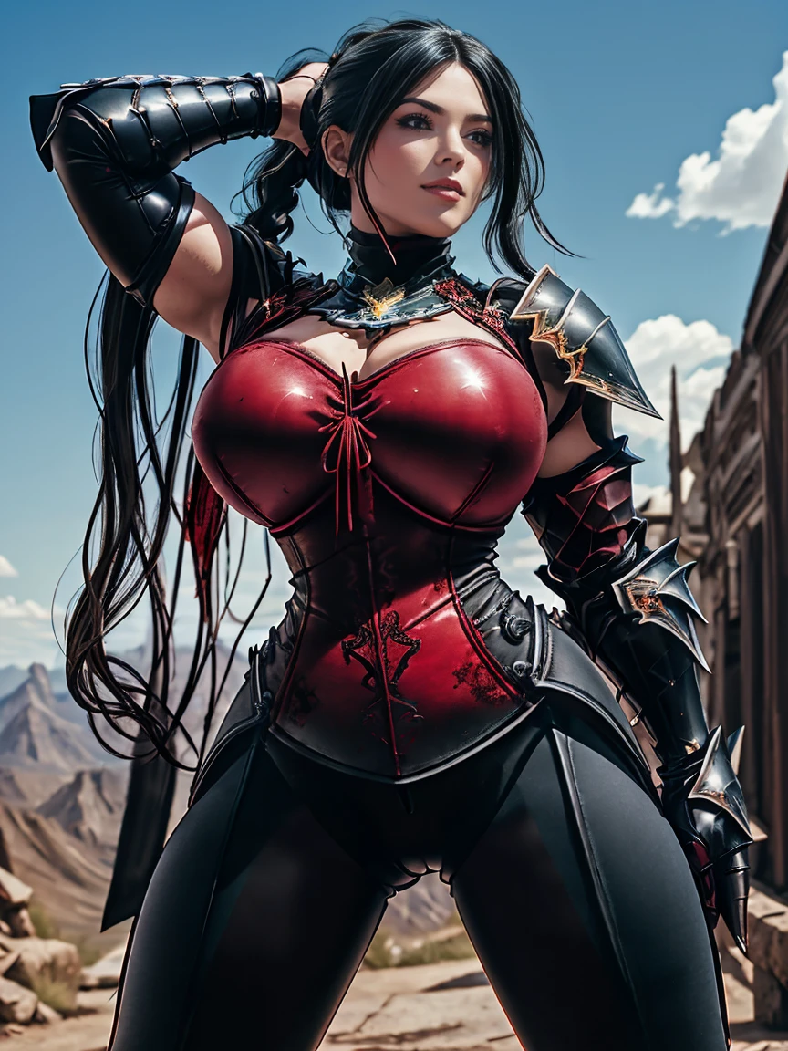 (masterpiece, top quality, best quality, official art, beautiful and aesthetic:1.2), (1girl:1.3), ((Sharp facial features,european, sharp features, hawkish features)), ((big hair, long black hair, ponytail)), big tiddy chaos warrior girl, extremely detailed, portrait, looking at viewer, solo, (full body:1.1),(standing:1.2), detailed background, full-body shot, (hot desert mountain theme:1.1), chaos warrior, charlatan, smirk, mysterious, swaying in mountains, armor, red metal, brass trim, long boots, dual axes, blood red fabric, black leather, ((((heavy armor, blood, armored, gigantic breasts, long legs, black skintight compression tights pants, toned, muscular)))), toned tummy, slim waist, wide hips, long legs, , dutch angle