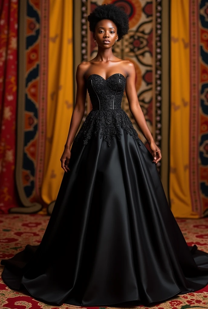 The quinceañera is a young woman with long dark hair, hairstyle elegantly collected in a high bun. She wears a delicate crown adorned with small pearls and floral details. Her dress is black, with a leafy design including detailed lace. The dress has an elegant neckline and long sleeves with transparent lace. It is decorated with numerous sunflowers embroidered on the lace., which contrast beautifully with the dark background of the dress. The skirt is wide and fluid, creating an image of elegance and sophistication.