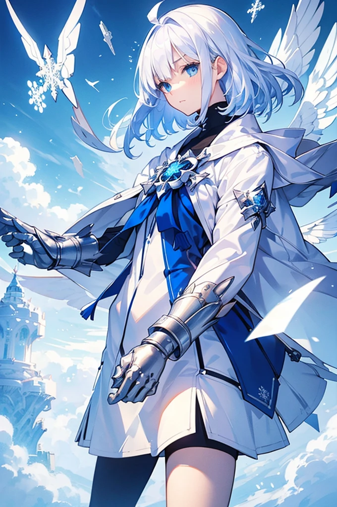   white jacket, Medium Hair , Blue and white hair, blue eyes,Mechanized hand++,  very large gauntlet++,　whole body、Snowflakes fluttering 、Empty Town ,  Town on the Clouds , Sky City