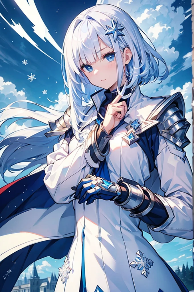   white jacket, Medium Hair , Blue and white hair, blue eyes,Mechanized hand++,  very large gauntlet++,　whole body、Snowflakes fluttering 、Empty Town ,  Town on the Clouds , Sky City