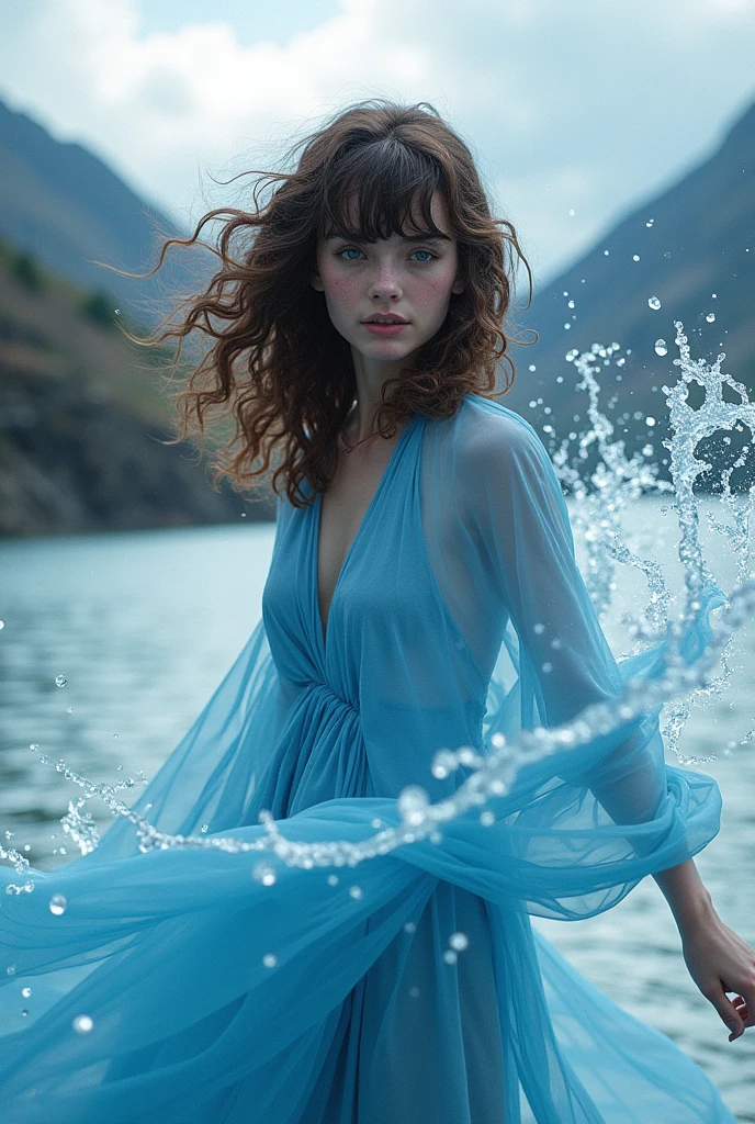 Girl, mage, blue magician dress, deep v neck, splashing water power aura background.