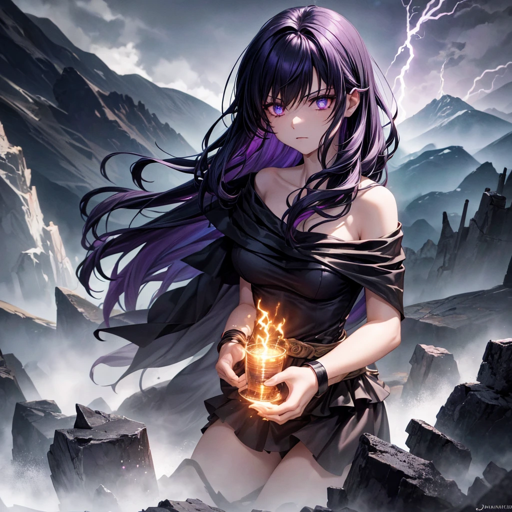 A dark, menacing girl with a sinister aura stands confidently in a shadowy, dangerous environment. She wears a flowing, deep purple dress that shimmers in the dim light, contrasting against the stormy backdrop. Her long, midnight purple hair sways, swirling with an unnatural energy. Her eyes gleam with malice, and an air of dark power surrounds her, as if she's the embodiment of chaos. The background is a twisted, ominous scene, with jagged mountains, dark clouds swirling overhead, and flashes of lightning illuminating the terrifying landscape. The atmosphere is charged with danger, and she radiates an unmistakable evil energy.