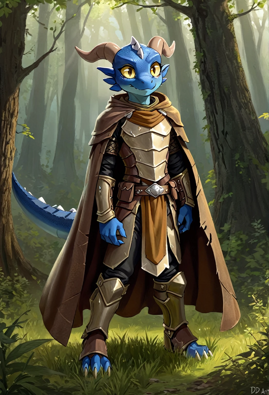 anthropomorphic small kobold, male, he has well-detailed blue scales, he has curved horns with white divisions, he has long furry ears, he has beautiful well-detailed yellow eyes,he is wearing a leather armor, he is wearing a ruined and torn light brown poncho, he is standing in grass, in the background there is a forest, 2d art style, full body view from the front and looking at the viewer.