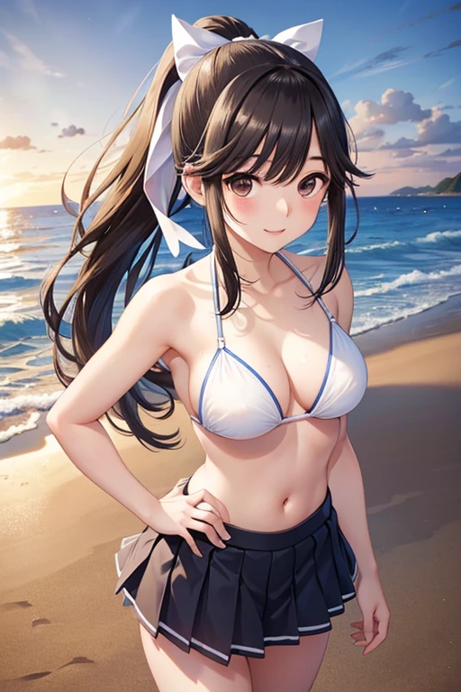 Takane Manaka、  Long Shiny Brown Hair 、 ribbon ponytail、 beautiful brown eyes 、smile、Sparkling Eyes, (fine grain)、 very detailed eyes、 in a skirt {x} very detailed face,  very detailed eyes, masterpiece,  best quality,  high definition , ( best quality,masterpiece:1.2),Alone,Alone、 cowboy shots、nsfw、




 full body portrait　Anime　Sandy beach at dusk、((A girl in a white bikini walks))、Right facing　