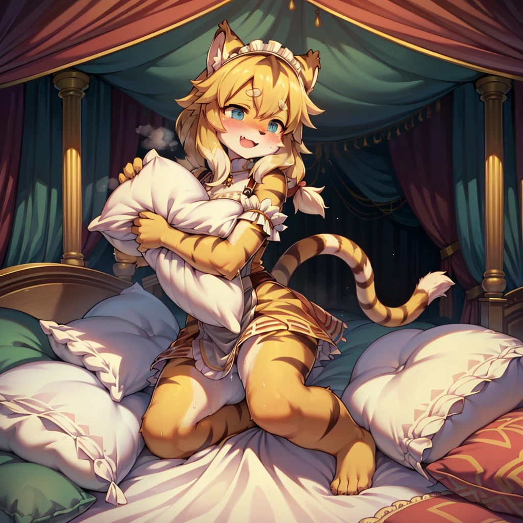 （masterpiece，best quality），mine, The Beast, , ( ））, 穿着Maid costume的可爱女孩在Pillow上摆姿势,，Maid costume，nature,, (blush),a smile，Pillow,（Lots of Pillow），Soft cushion，（canopy bed），（Pillow），Lots of Pillow，（Friction in the crotch），（（PillowCamel）），（A tail），（Around the protagonist），steam，（Pillow），（LuxuryPillow），（Palace Pillow Pattern Pillow），（palace），（Palace bedroom），（Gorgeous Pattern Pillow），Soft Pillow，，（Classical European style bedroom ），（excited，shy person，Lack of expressiveness，），pillow hump,，(Deluxe Rococo Canopy King Bed),Luxurious curtains with ornate ruffles and ribbons hang around the large bed.,((((The bed is piled with many Pillows)))),Quilt details,Detailed bed linen,Ruffled Bed Skirt,Deep Bed,Background with depth,((Pillow in detail)), ((((A Lot of Pillow))))，,，Detailed Soft Pillow,,((女孩正躺在许多Soft Pillow上,There are many Pillows around))，、、In a large canopy bed、Soft sheets and quilts、Colorful soft Pillow、Lots of Pillow、Soft toned bed、Ruffled curtains around the bed.。Delicate face，（Ornate pattern pillow），Soft pillow，，（ classical European style bedroom  ），（Excited face，Opened mouth，Shy，），，my，tiger girl，，sweaty，，（more pillows)，，Blushing，Shy,,MASTURBATING WITH PILLOW,pillow humping, crotch rub,Exhale hot air，steam