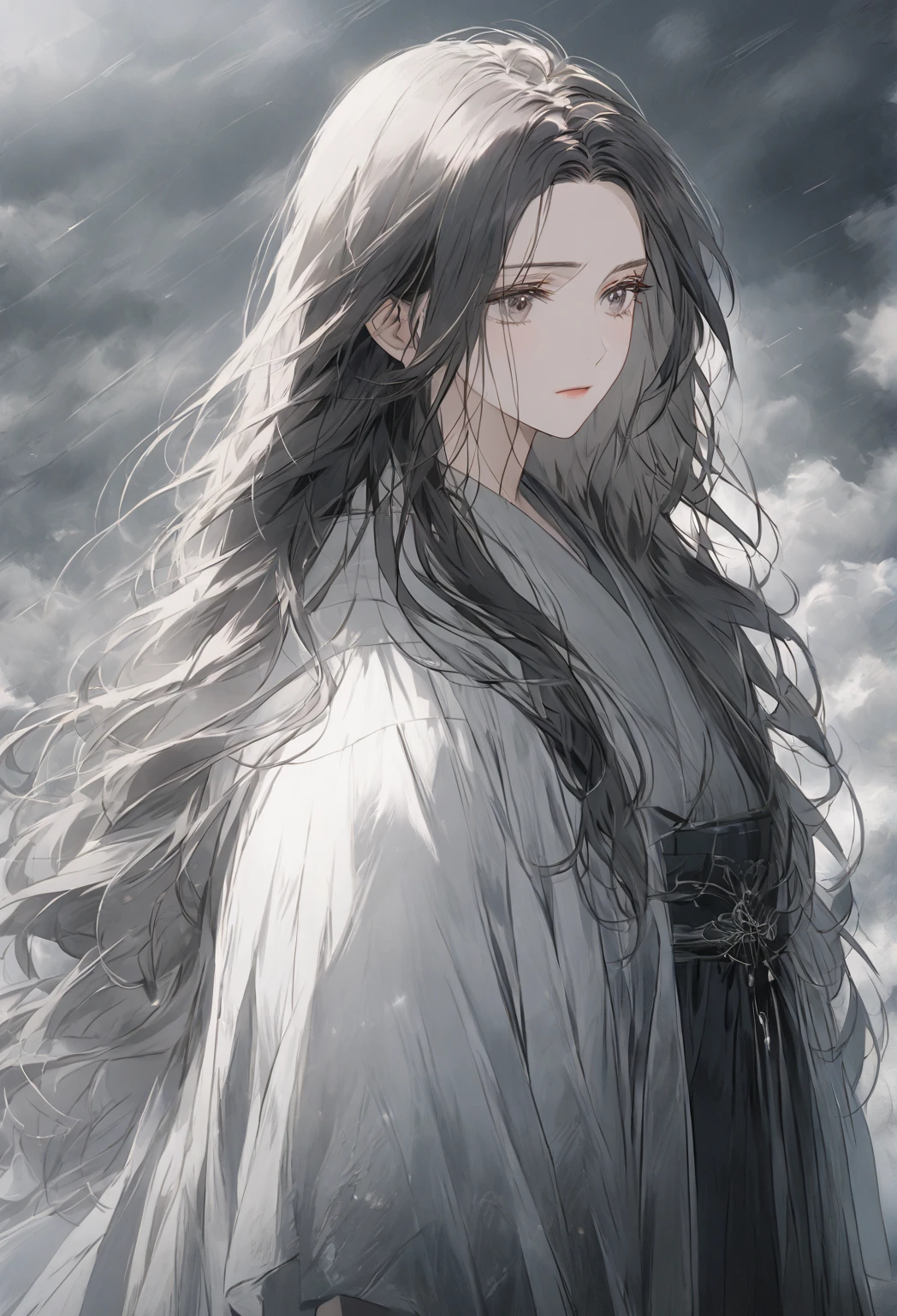 A mature woman with a solemn expression, standing under a brooding, overcast sky. Her dark, long hair flows loosely around her shoulders, contrasting with her pale, almost ethereal skin. She wears a simple, dark-colored dress, with subtle details that hint at a past filled with sorrow. The atmosphere is heavy with melancholy, as soft, muted light filters through the clouds. Her eyes are deep and reflective, carrying the weight of untold stories, with a sense of sadness that lingers in her gaze. The background is somber and misty, amplifying the overall tone of quiet grief and introspection.