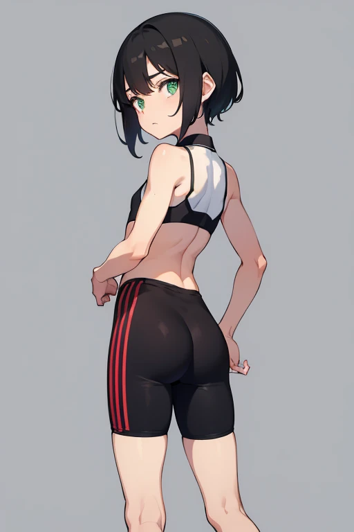 by ribiadan, score_9, score_8_up, score_8, source_anime, rating_explicit, dutch angle, tracer in sportswear showing off her figure, tomboy, muscular, fit body, thick ass, small breasts, black sport shorts, black sports top, snickers, smile, tired, after training, gestures, looking at viewer, gym background, sexy pose, horny, blush, hands on hips, sweaty, wet, half-turned, looking around shoulder, back to viewer, <lora:4th_tail_lora_extract_l:0.8>
