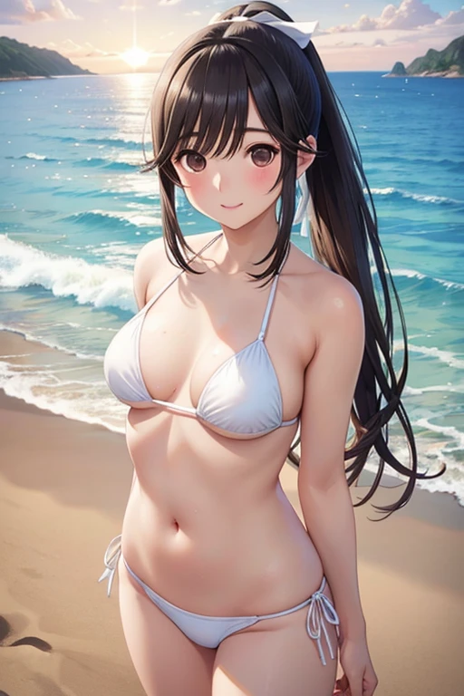 Takane Manaka、 Long Shiny Brown Hair 、 ribbon ponytail、 beautiful brown eyes 、smile、Sparkling Eyes, (fine grain)、 very detailed eyes、 very detailed face, very detailed eyes, masterpiece, best quality, high definition , ( best quality,masterpiece:1.2),Alone,Alone、 cowboy shots、nsfw、 full body portrait　Anime　Sandy beach at dusk、((A girl in a white bikini walks))、Right facing　