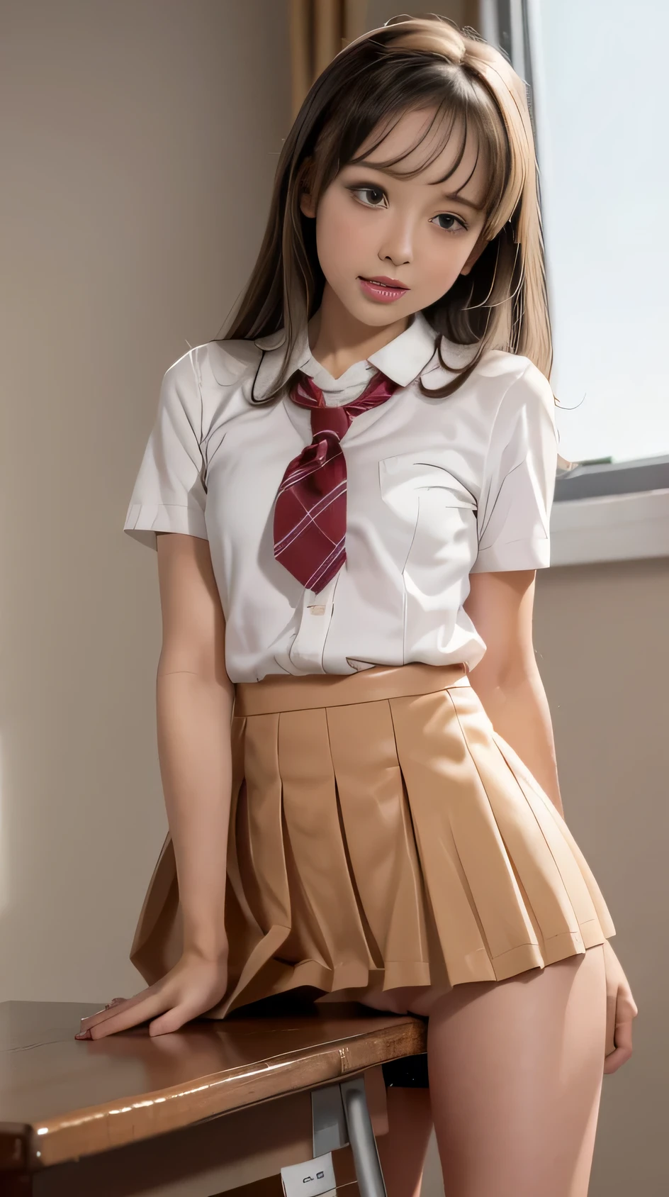 (( Play)),((masterpiece)), ((Best Quality)), (( Very delicate depiction ))(8k), ( Hi-Res),In the classroom,beautiful woman masturbating,1, smaller,(Height: 150cm),Pale skin,curly hair,Brown Hair, bigg Ass,( high school girl mini skirt uniform :1.5),( Belly length short sleeve shirt  , pleated skirt),Performance,( ahe face,blush,),( red cheeks , open your mouth , is embarrassing, drool ,Pussy juice),(Rubbing your crotch against the corner of a desk:1.5),( Bending Forward :1.5, stick out buttocks), dynamic angle that raises one leg terribly,(whole body), orgasm:1.5
