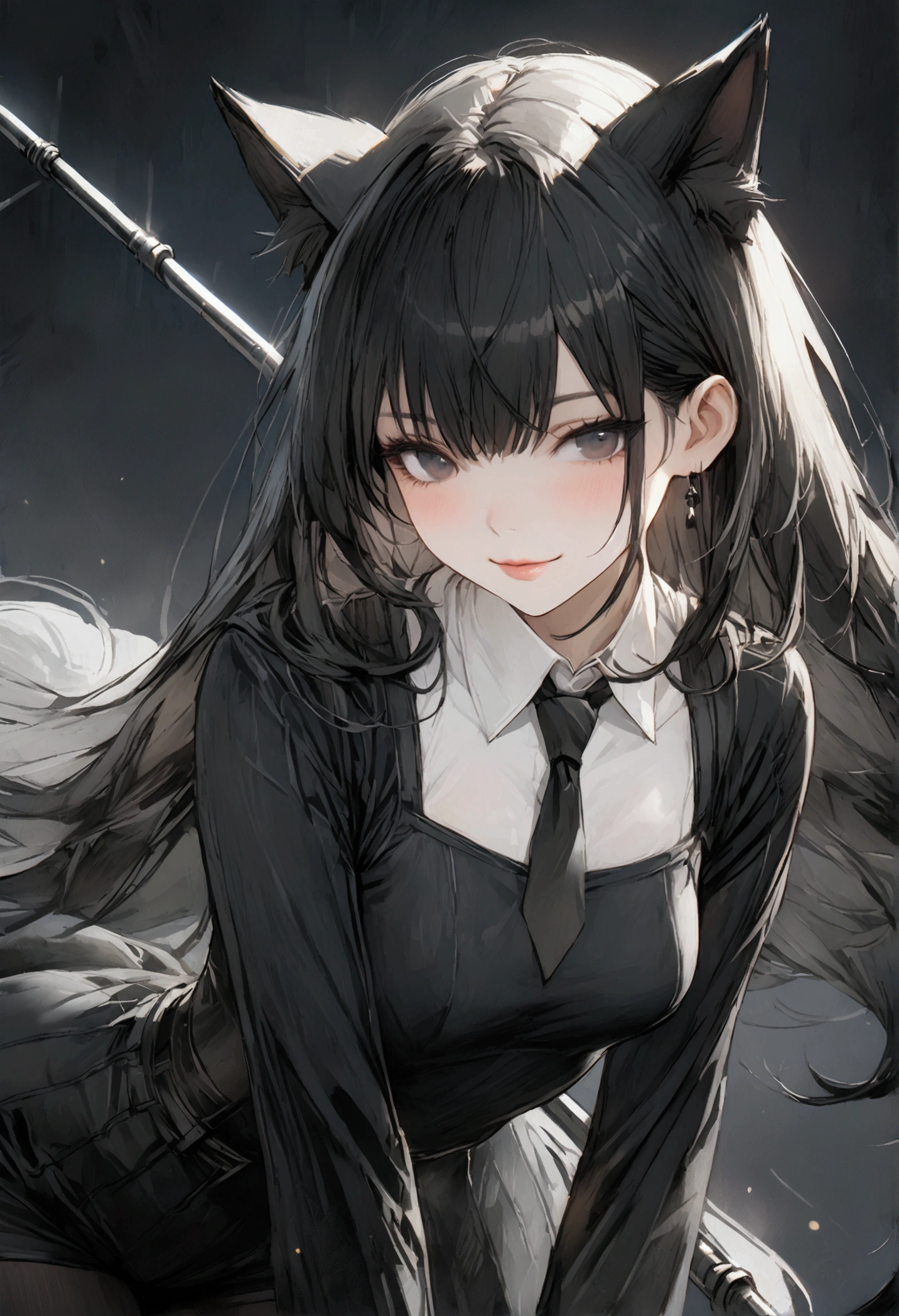 Girl. Long black hair with crimson strands, silky and straight. Black eyes with a depth of suffering. Cat ears and tail. Delicate features. Small breasts. Curvy waist. Lips curled into a slight smile. Wearing a dark blue suit with a white shirt and black tie. Dark blue short shorts and black pantyhose. Equipped with dual Flamethrowers. Background is a city street. 8k. Best quality. 