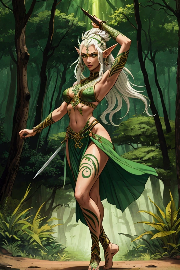 1girl, female focus, wood elf, war dancer, athletic and slender, full body, dynamic pose, revealing ceremonial outfit, tribal tattoos, intricate jewelry, wild hair, pointed ears, holding dual blades, mystical forest background, green and earthy tones, intense and focused expression, WHFRPGchara style