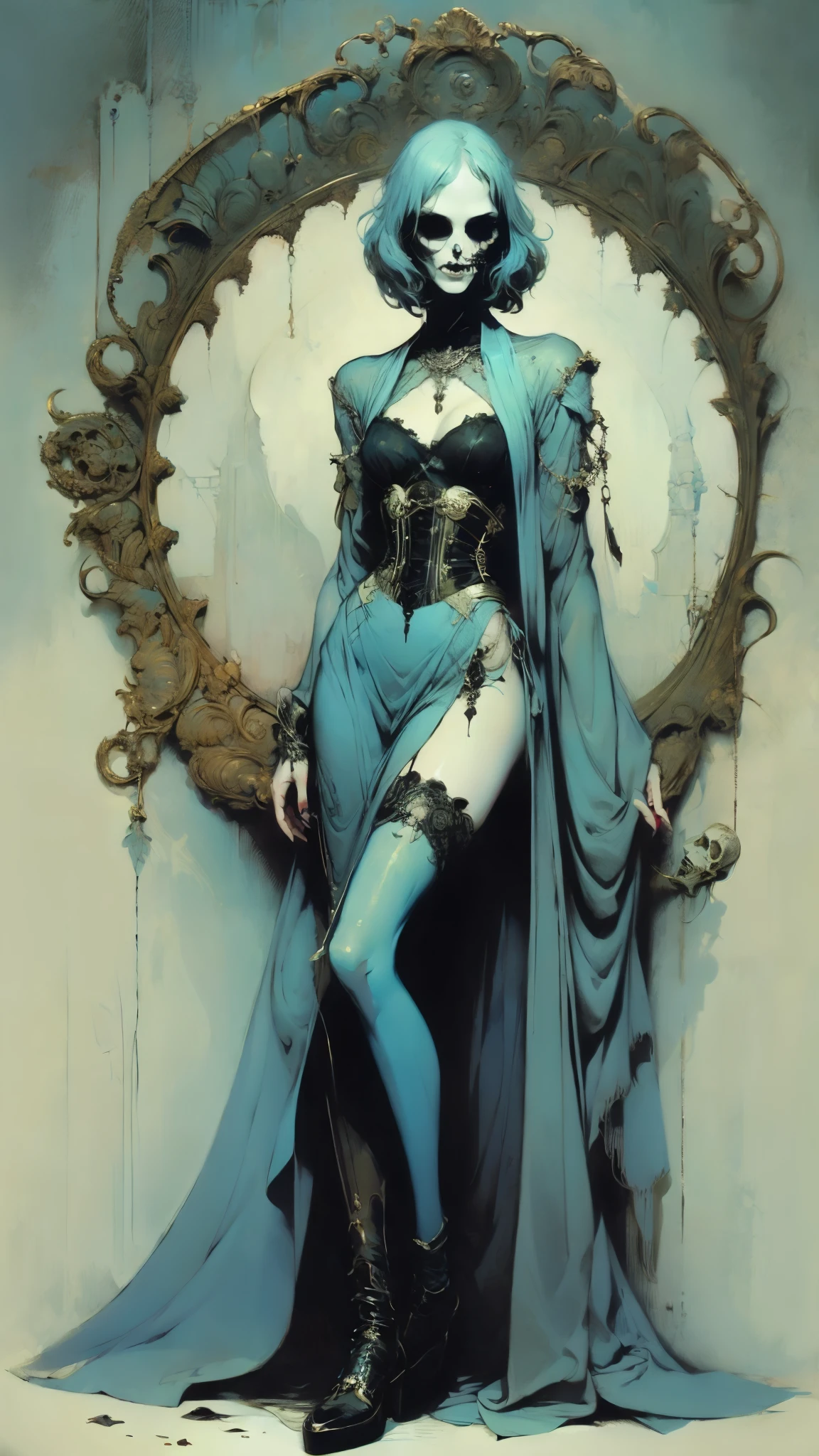 Japanese vampire woman, (vampire), (goth vampire) ( full body), 8K, (( open eyes )), full body, flawless face, Girl with a soft body , beautiful woman, perfect face , (symmetrical), ((1 girl)), gothic beauty, pale skin, open eyes , (detailed pupils), realistic look, sharp focus of the face, realistic look texture, (( medium breasts )), super detailed skin , Skull background , [Cara sexy, analogue style, faint and changing lighting , atmospheric, ((Beautiful short blue hair)), ( short hair), elegant dress, neckline, corset, socks, beautiful face , make-up, long eyelashes , beautiful legs .calaveras en el suelo