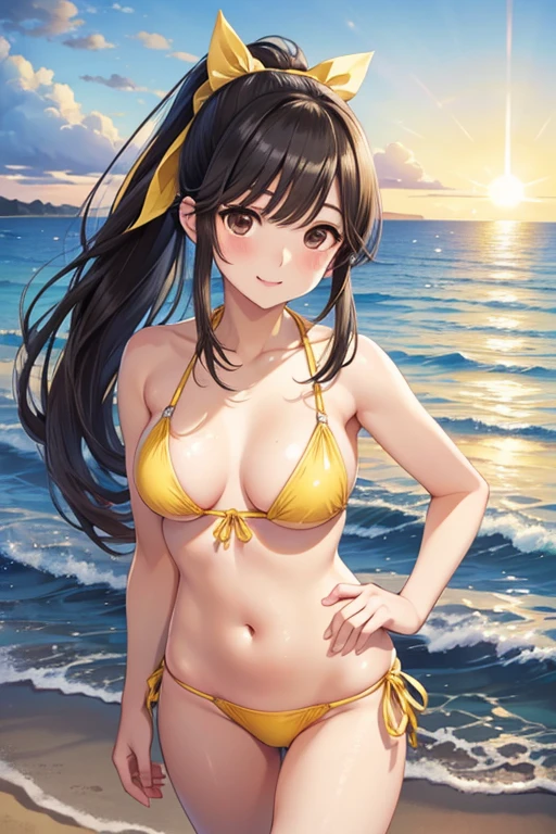 Takane Manaka、 Long Shiny Brown Hair 、 ribbon ponytail、 beautiful brown eyes 、smile、Sparkling Eyes, (fine grain)、 very detailed eyes、 very detailed face, very detailed eyes, masterpiece, best quality, high definition , ( best quality,masterpiece:1.2),Alone,Alone、 cowboy shots、nsfw、 full body portrait　Anime　Sandy beach at dusk、((A girl in a yellow microbikini walks))、Right facing　