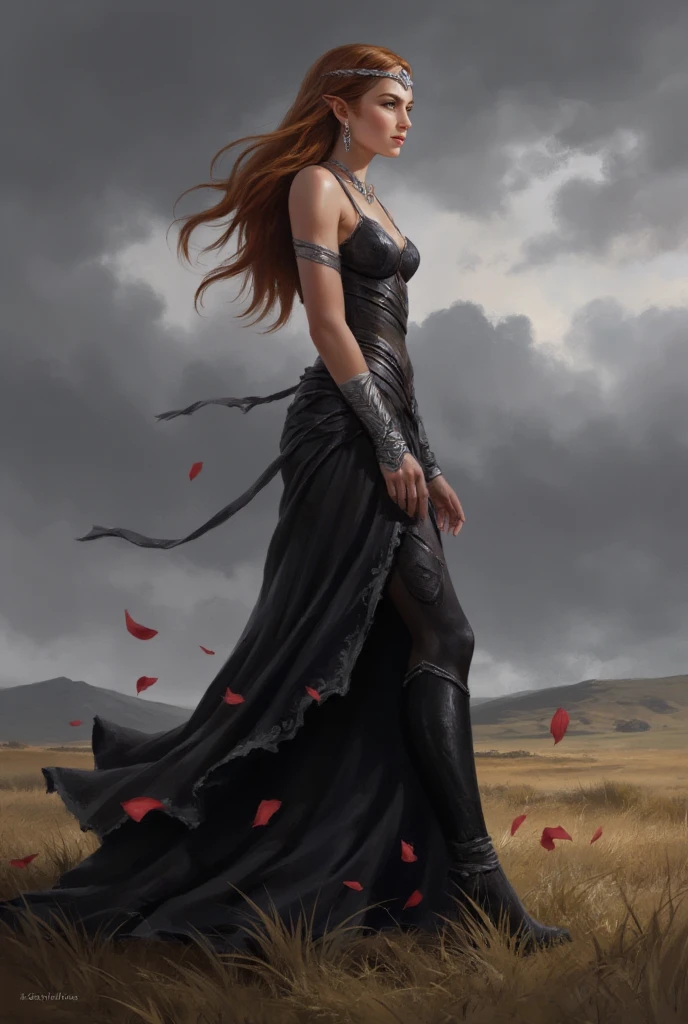 Digital painting featuring a female elf character in a side profile. The elf has long, flowing red hair and pointed ears, characteristic of her mythical nature. Her skin is pale, and she has delicate facial features, including high cheekbones and a serene expression. She is adorned with an intricate silver tiara and matching jewelry, including earrings and a necklace. Her attire is a detailed black gown with silver embroidery, adding to the regal and mystical appearance. The background is a moody, overcast sky with swirling clouds, and she stands in a field of tall, dry grass, with red petals or leaves floating around her, enhancing the ethereal atmosphere of the scene.