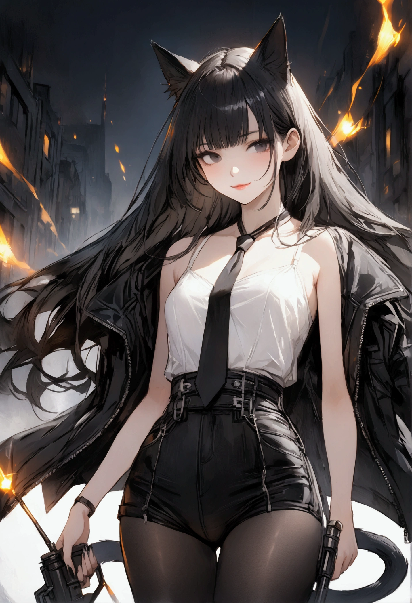 Girl. Long black hair with crimson strands, silky and straight. Black eyes with a depth of suffering. Cat ears and tail. Delicate features. Small breasts. Curvy waist. Lips curled into a slight smile. Wearing a dark blue suit with a white shirt and black tie. Dark blue short shorts and black pantyhose. Equipped with dual Flamethrowers. Background is a city street. 8k. Best quality. Pyromaniac 