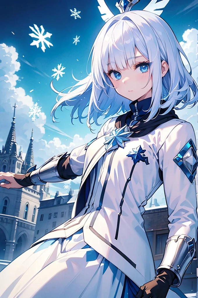   white jacket, Medium Hair , Blue and white hair, blue eyes,Mechanized hand++,  very large gauntlet++,　whole body、Snowflakes fluttering 、Empty Town ,  Town on the Clouds , Sky City