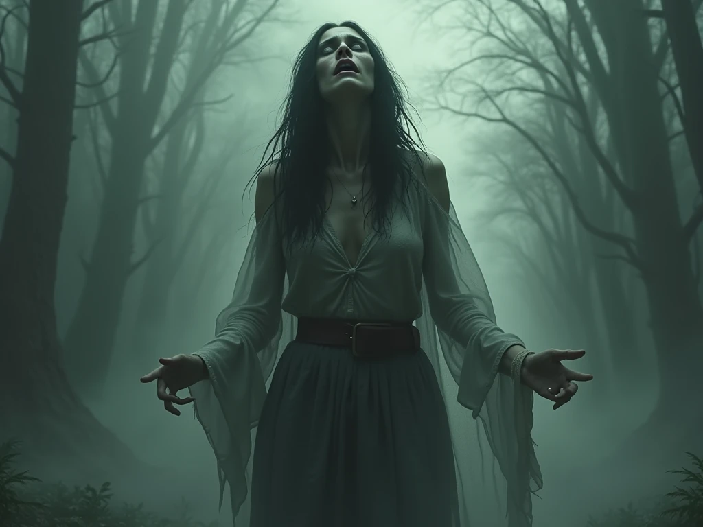 Photorealism 1.2 high definition women full  white cloth very long hair hanging at dead tree with hooks on shoulder smoke effect ugly scariest face blood Asian rain forest background dusk effect zombie face deep jungle full white dress floating in the air night dramatic view cinematography view  laugh with fangs 