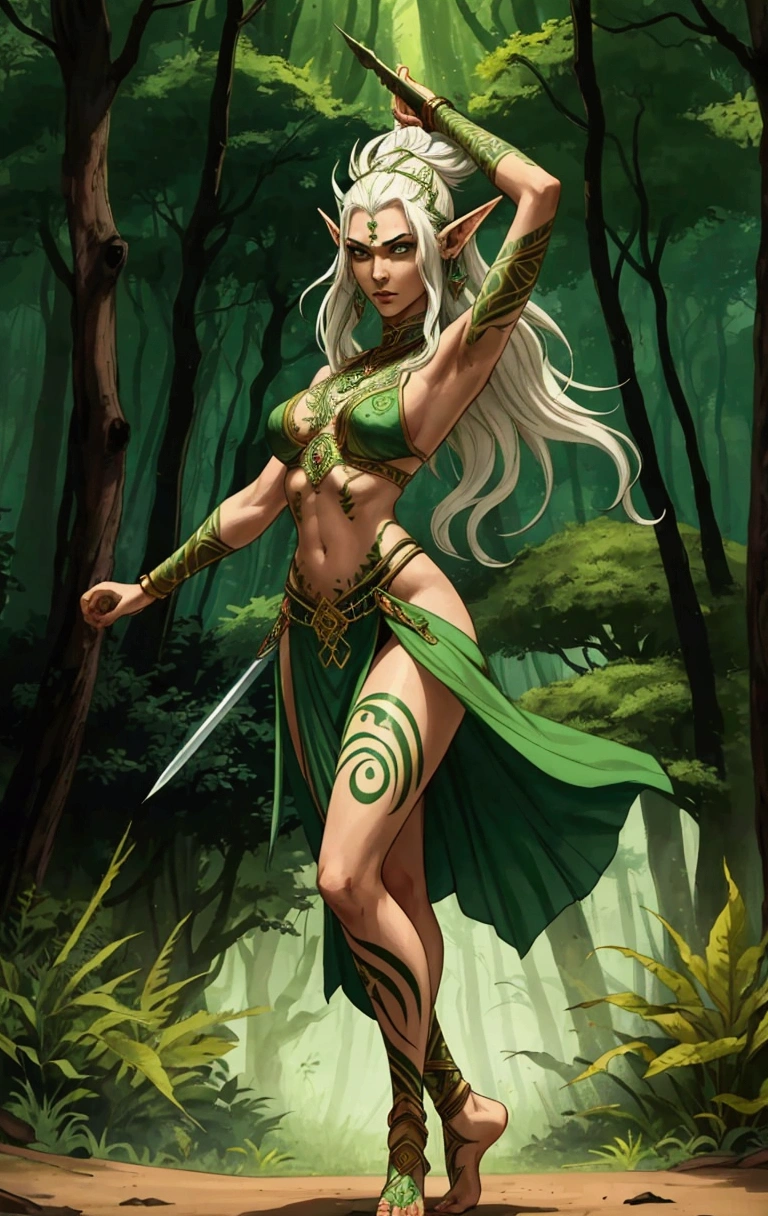 1girl, female focus, wood elf, war dancer, athletic and slender, full body, dynamic pose, revealing ceremonial outfit, tribal tattoos, intricate jewelry, wild hair, pointed ears, holding dual blades, mystical forest background, green and earthy tones, intense and focused expression, WHFRPGchara style