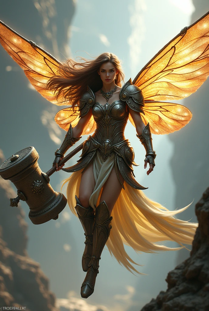 adult female fairy flying with shimmering wings holding a giant hammer wearing battle armor, brown long hair 