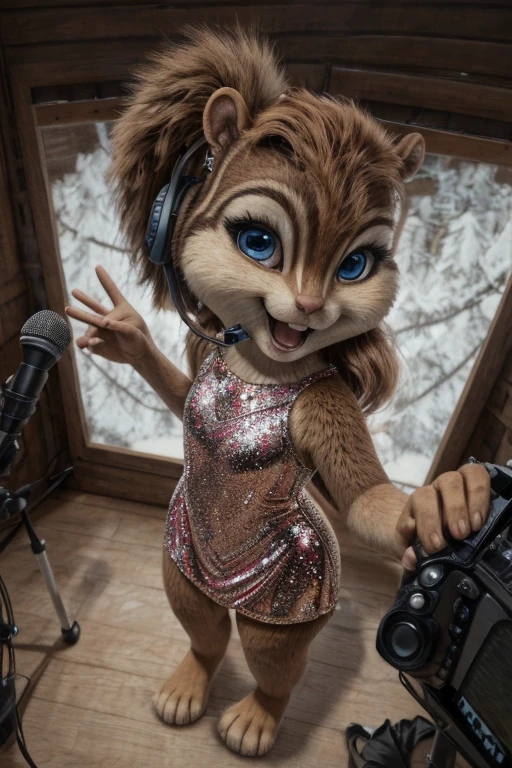 Brittany _miller, one,chipmunk, small chipmunk, in the recording studio ,small microphone at the mouth , earphone in the ear, sings a song,  rummaged through her eyes, in a beautiful shiny tight dress, стоит  art, body and hand gestures , High detail ,  anatomically accurate ,  Super Detail, 8k,  best quality ,  must be visible all over her body  (A little plump:0.3), Darling, (small ears), (short muzzle),  squirrel feet ,  long slanting bangs ,  long hair at the back of the head,  grey-blue eyes, realistic view,  expressive eyes , , perfect lashes ,  eyeliner , detailed fur,  perfect teeth . actions: ,  art, hands to sides , camera from above,  The view from above ,  the chipmunk looks up ,,  small chipmunk , in a human house 