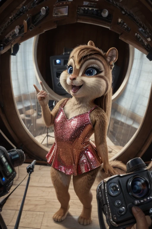 Brittany _miller, one,chipmunk, small chipmunk, in the recording studio ,small microphone at the mouth , earphone in the ear, sings a song,  rummaged through her eyes, in a beautiful shiny tight dress, стоит  art, body and hand gestures , High detail ,  anatomically accurate ,  Super Detail, 8k,  best quality ,  must be visible all over her body  (A little plump:0.3), Darling, (small ears), (short muzzle),  squirrel feet ,  long slanting bangs ,  long hair at the back of the head,  grey-blue eyes, realistic view,  expressive eyes , , perfect lashes ,  eyeliner , detailed fur,  perfect teeth . actions: ,  art, hands to sides , camera from above,  The view from above ,  the chipmunk looks up ,,  small chipmunk , in a human house 