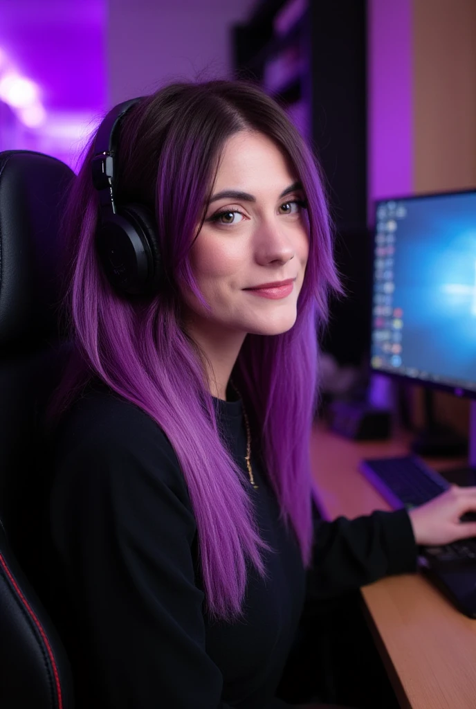 close portrait photo of a streamer woman, long purple hair, wearing a headset, sat on a gaming chair, gaming computer on the background, natural day lights 