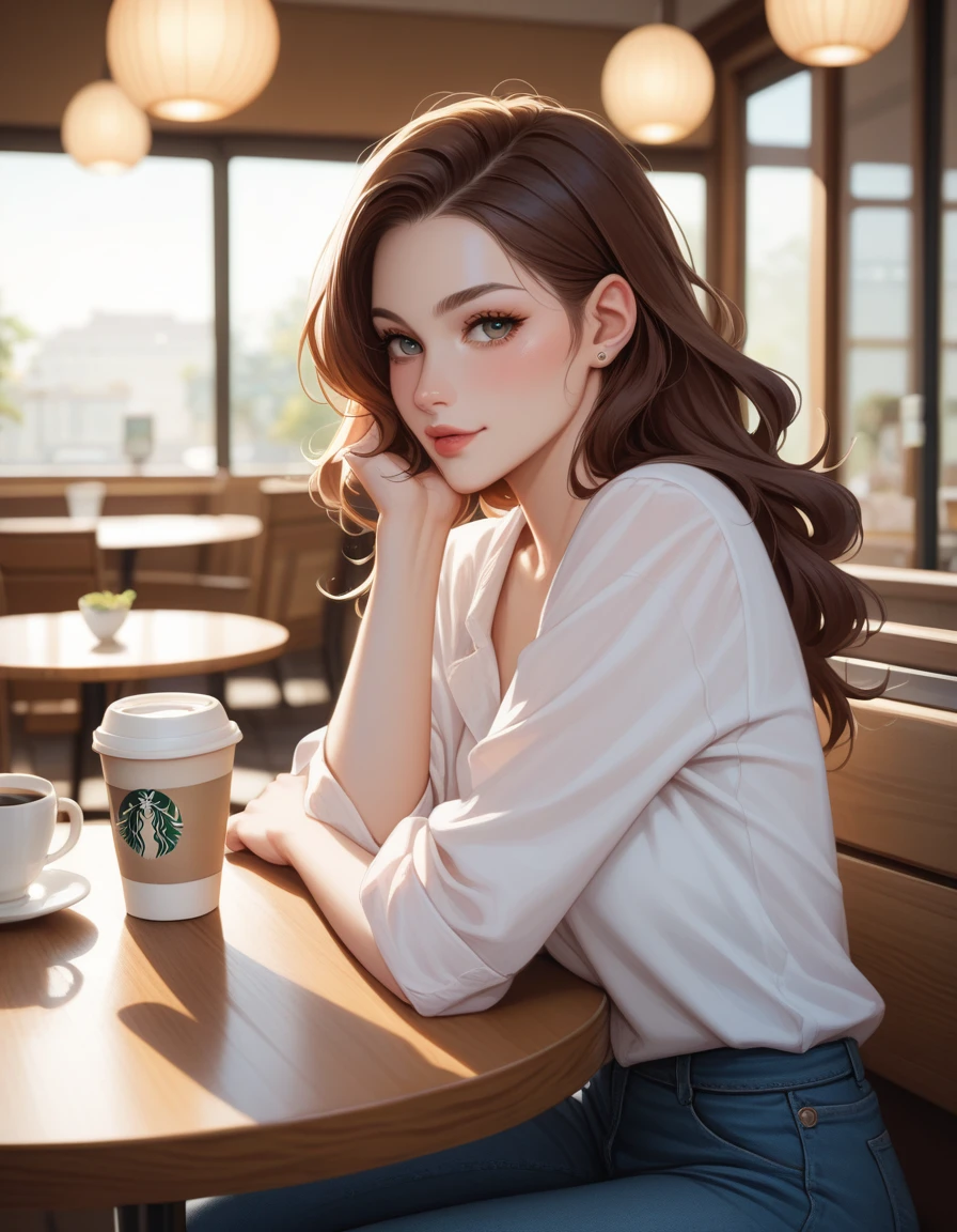 German woman sitting at a cafe table drinking coffee、Emma&#39;s Photo。Window sunlight, Blue Hair, Dynamic pose, Skin Texture, Pale skin, Shiny skin, (slim, small:1.2), [:(Sharp focus on the face, Detailed face, Perfect Eyes, View Viewer:1.2):0.2], Realistic, Film Grain, highest quality, masterpiece