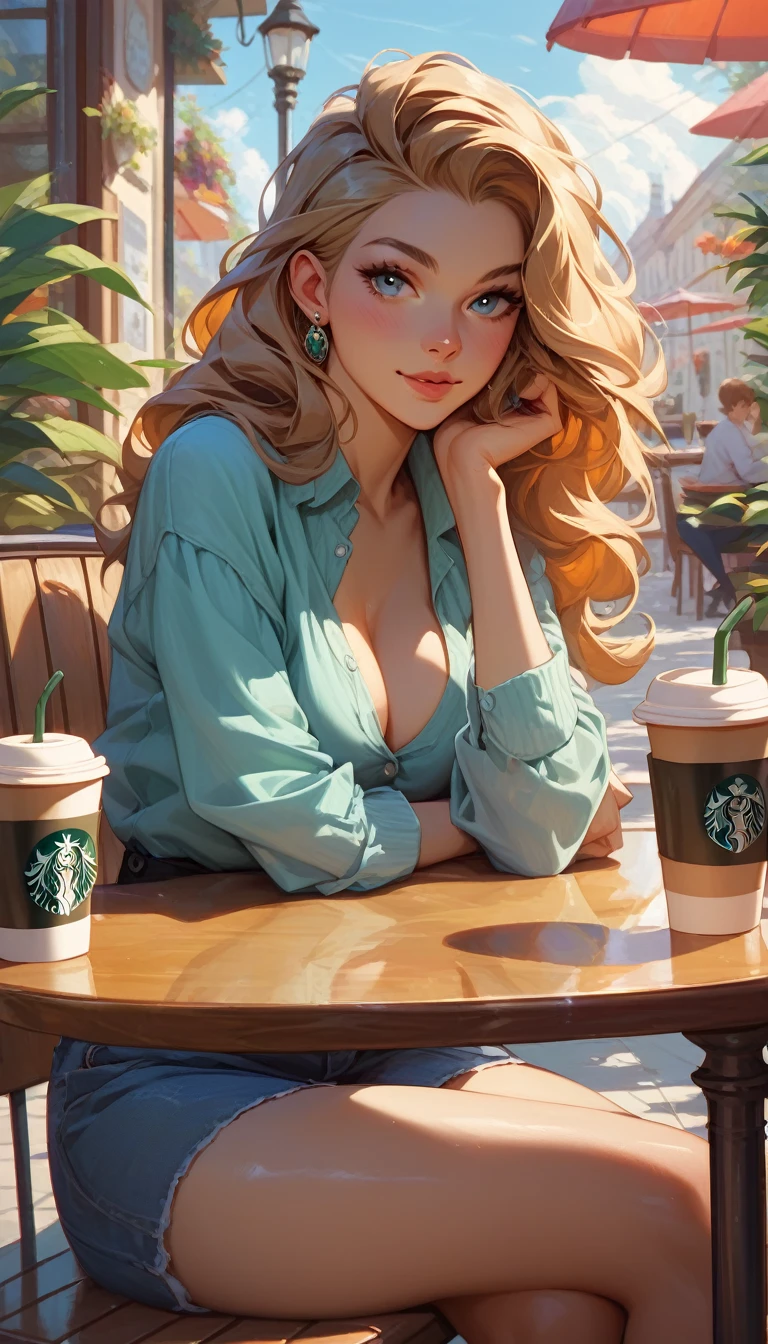 German woman sitting at a cafe table drinking coffee、Emma&#39;s Photo。Window sunlight, Blue Hair, Dynamic pose, Skin Texture, Pale skin, Shiny skin, (slim, small:1.2), [:(Sharp focus on the face, Detailed face, Perfect Eyes, View Viewer:1.2):0.2], Realistic, Film Grain, highest quality, masterpiece