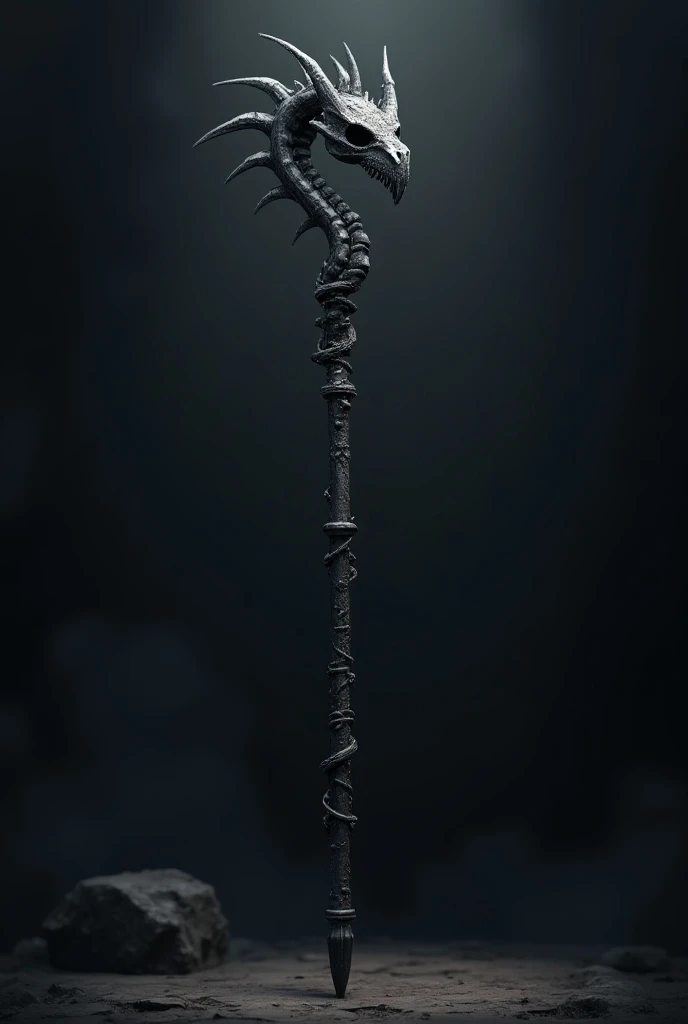 The wand is about 30 cm long and is carved from a single bone., with a surface that maintains the rough texture and natural veins of the bone, highlighting its ancient and macabre origins. It is an aged ivory tone, with a faint ethereal glow that seems to pulse with a dark energy. At the top end, the wand features an intricately carved head that resembles a stylized human skull. The eyes of the skull are cavernous and deep-set, and around it there are minute details that imitate small runes or ancient inscriptions. The central part of the wand has a series of interlocking notches, forming geometric patterns and arcane symbols that appear to glow a dark blue when the wand is activated. The lower end of the wand ends in a tapered point., which is slightly curved backwards, giving an almost claw-like effect. Small cracks and marks along the surface of the bone add a touch of wear, as if the wand had been used in ancient and forgotten rituals. Em conjunto, the wand exudes an aura of dark power and mystery, evoking a sense of connection with forces beyond common understanding, making it a powerful and feared artifact.