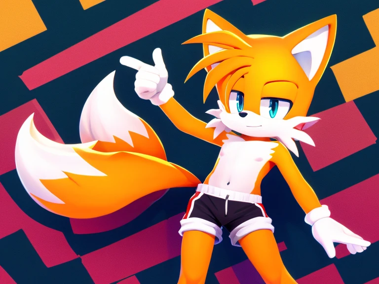 Colorful background, beautiful, very high quality, fox boy, Tails, thick hair, detailed body, shirtless, shorts 