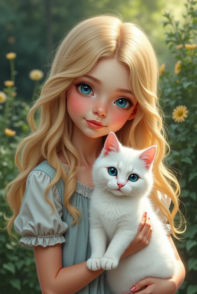 Detailed description of the portrait of a girl with kittens (anatomically correct physique) sitting in his arms on a soft fluffy carpet, girl with blue eyes and a mole on her cheekbone., large eyes with heavy lids, long duck nose, thin lip shape "Classic", Mole on the right cheek on the cheekbone, Light red shoulder length hair, high forehead,    in the room by the fireplace Magnificent digital painting, beautiful digital painting, beautiful fantasy art portrait, beautiful digital artwork, Stunning digital painting, beautiful fantasy portrait, fantasy art portrait, beautiful character painting, in the art style of bowater, beautiful digital illustration, fantasy portrait art, stunning digital illustration, beautiful digital art, realistic cute girl painting