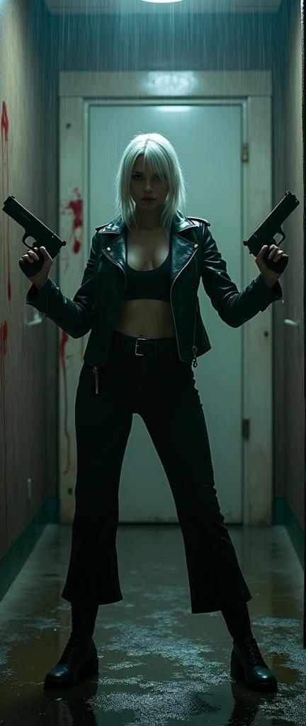 A stunning, anatomically correct, 4K-resolution masterpiece featuring a woman with pale skin and white hair standing against a blood-splattered door in a dimly lit, grungy room. She is wearing a black leather jacket, a revealing top, and dark pants, showcasing impeccable details. The woman is holding two guns, one in each hand, with her arms outstretched, exuding confidence and intensity. The lighting is dramatic, casting a greenish hue over the scene, with rain pouring down inside the room, adding to the eerie atmosphere. The background includes a large barrel and various intricate objects, contributing to the chaotic and intense setting, crafted with super detailing and award-winning quality.