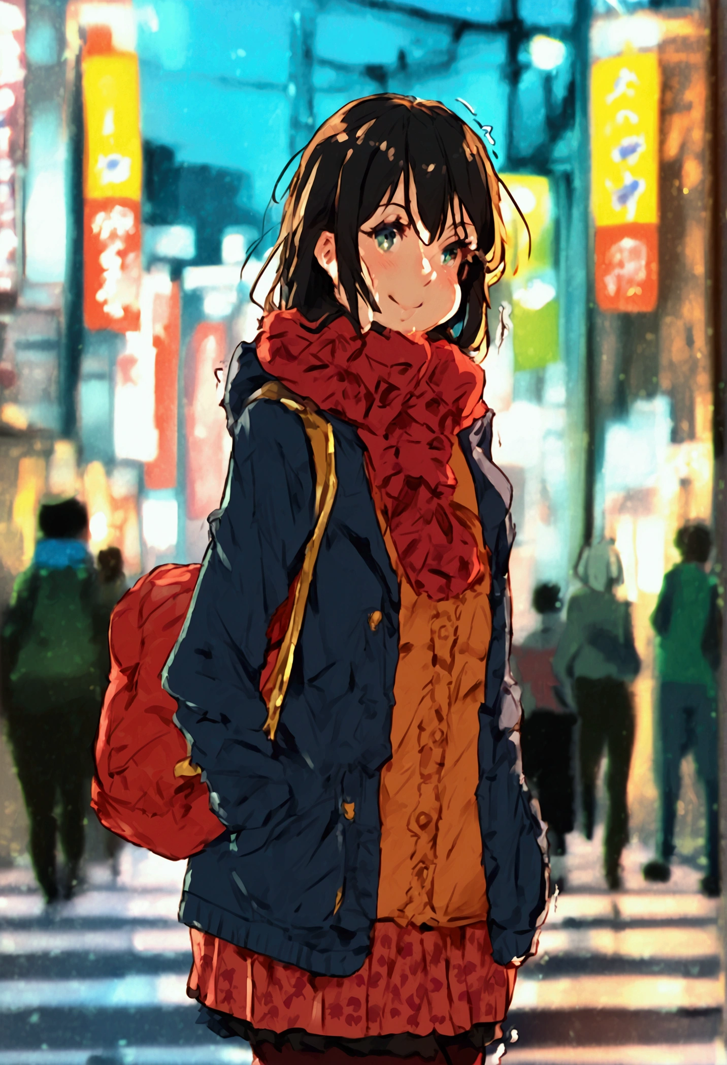 score_9, score_8_up, score_7_up, source_anime BREAK 1girl, takamaki ann, wearing school wear, a jacket with hoodie, red leggings, Shibuya, smile, walking, trembling, growing fatter, fat, chubby, obese, full body shot, gigantic arms and legs