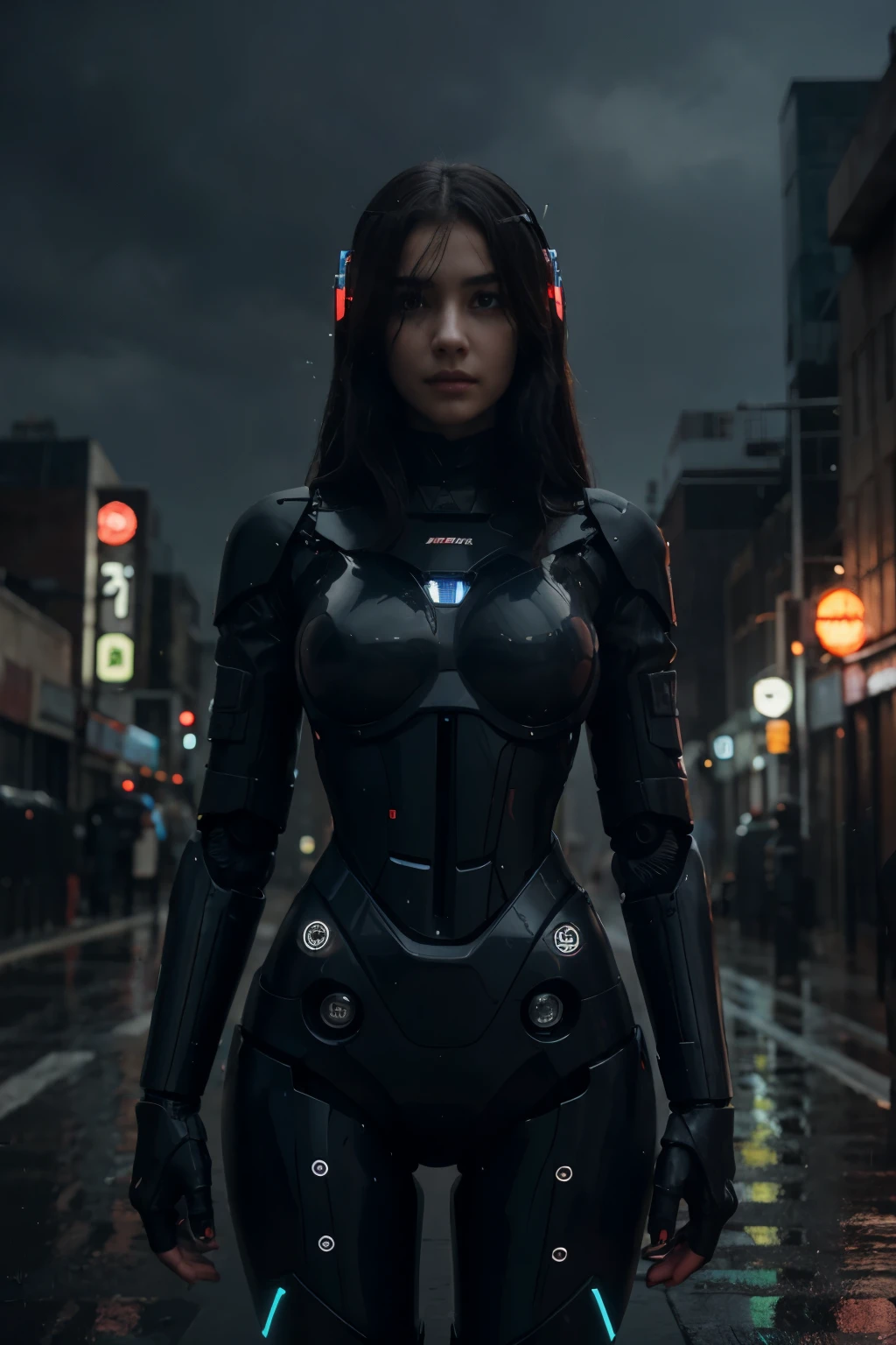 A hyper-realistic photorealistic female robot, wires, holding a square board face-on, in a cyberpunk city at night. Steam