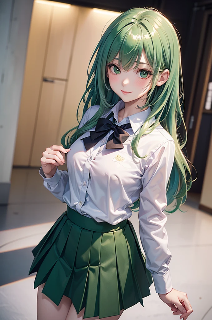 Girl with long green hair showing panties under skirt