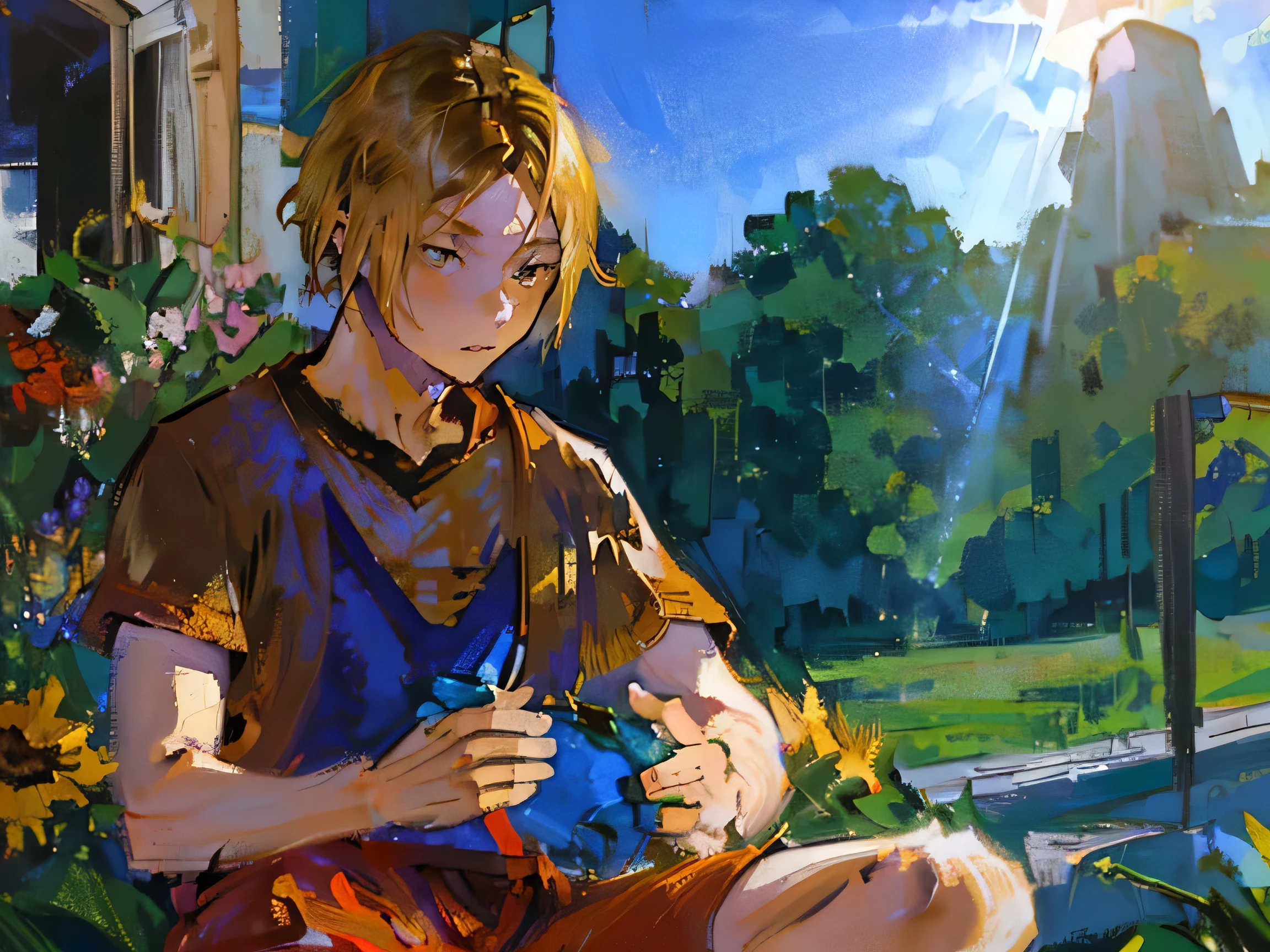 ((solo focus)),(((1 boy))),male focus,(((kozume kenma))),Fechin, oil painting, IMPRESSIONISM,(((sunlight))), plants,(((flowers))),(blue sky),(((brown tshirt))),khaki shorts,vibrant colors,(blue focus),Looking at viewer,perfect face