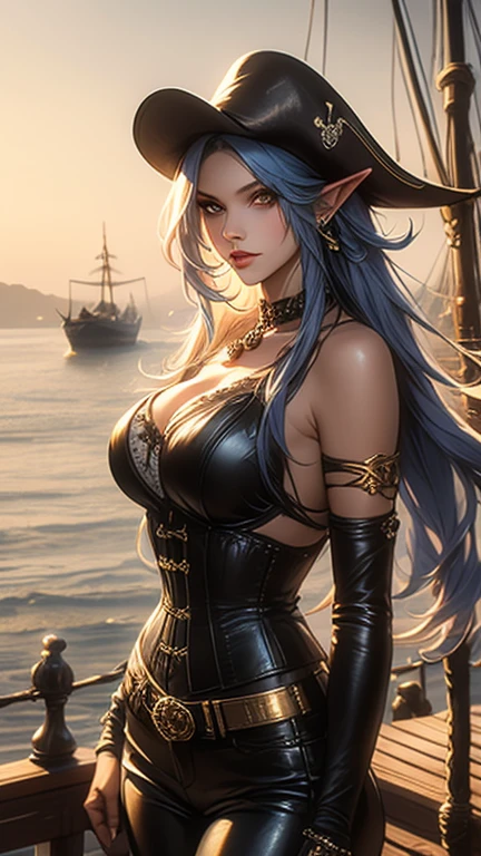 Menina pirata lindo em um navio pirata no mar, , cabelos curtos e cacheados loiros escuros, pele oleosa, Obra-prima sexy, best quality, extremely high quality, High definition, altamente detalhado, 8k, athletic and fit body, malcriado, perfect hands, detailed hands, olhos perfeitos, Olhos detalhados, Glamour, sexy, Realistic, HDR, UHD, Dynamic, peitos grandes, clivagem, detalhes intrincados, roupas piratas desleixadas, olhos azuis penetrantes, olhos azuis aqua brilhantes