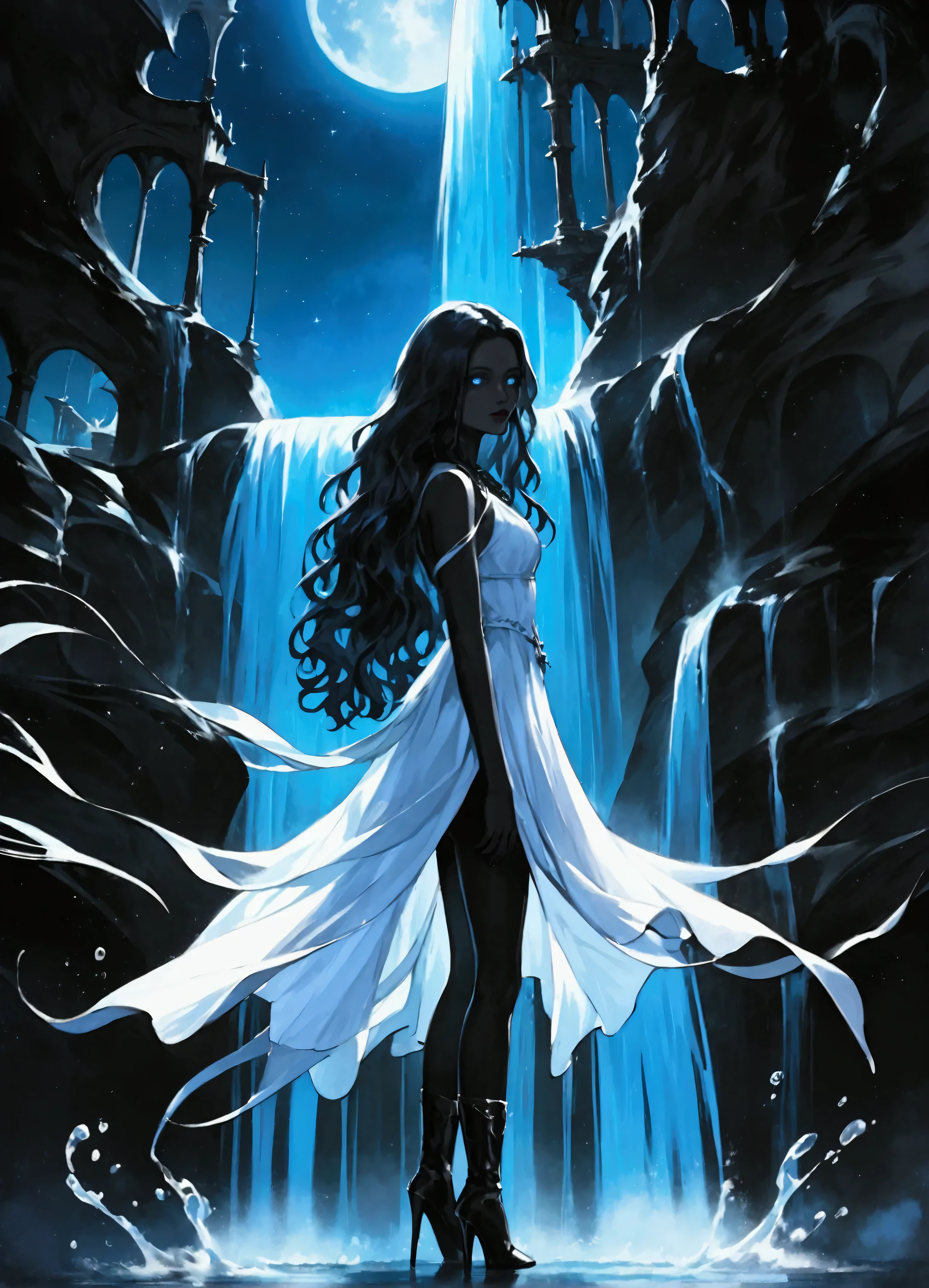 score_9, score_8_up, score_7 a picture of an exquisite beautiful female vampire standing under the starry night sky at the base of the waterfall, dynamic angle (ultra detailed, Masterpiece, best quality), ultra feminine, (black skin: 1.3),  dynamic hair color, wavy hair, dynamic eyes color, cold eyes, glowing eyes, intense eyes, dark red lips, wearing white dress, wearing blue cloak, long cloak, flowing cloak (ultra detailed, Masterpiece, best quality), wearing high heeled boots,  water coming down from a mountain, multi level water falls, several pools created in different levels, forming new waterfalls, water cascading into a pool steam rising, clear water in many hues of blue and azure falling, ultra best realistic, best details, best quality, 16k, [ultra detailed], masterpiece, best quality, (extremely detailed), ultra wide shot, photorealism, depth of field, hyper realistic painting, sky full of stars background, moon, bats flying about, high details, best quality, 8k, [ultra detailed], masterpiece, best quality, (ultra detailed), full body, ultra wide shot, photorealism, dark fantasy art, dark fantasy art, gothic art, many stars, dark fantasy art, gothic art, sense of dread, Intense gaze, magical sky