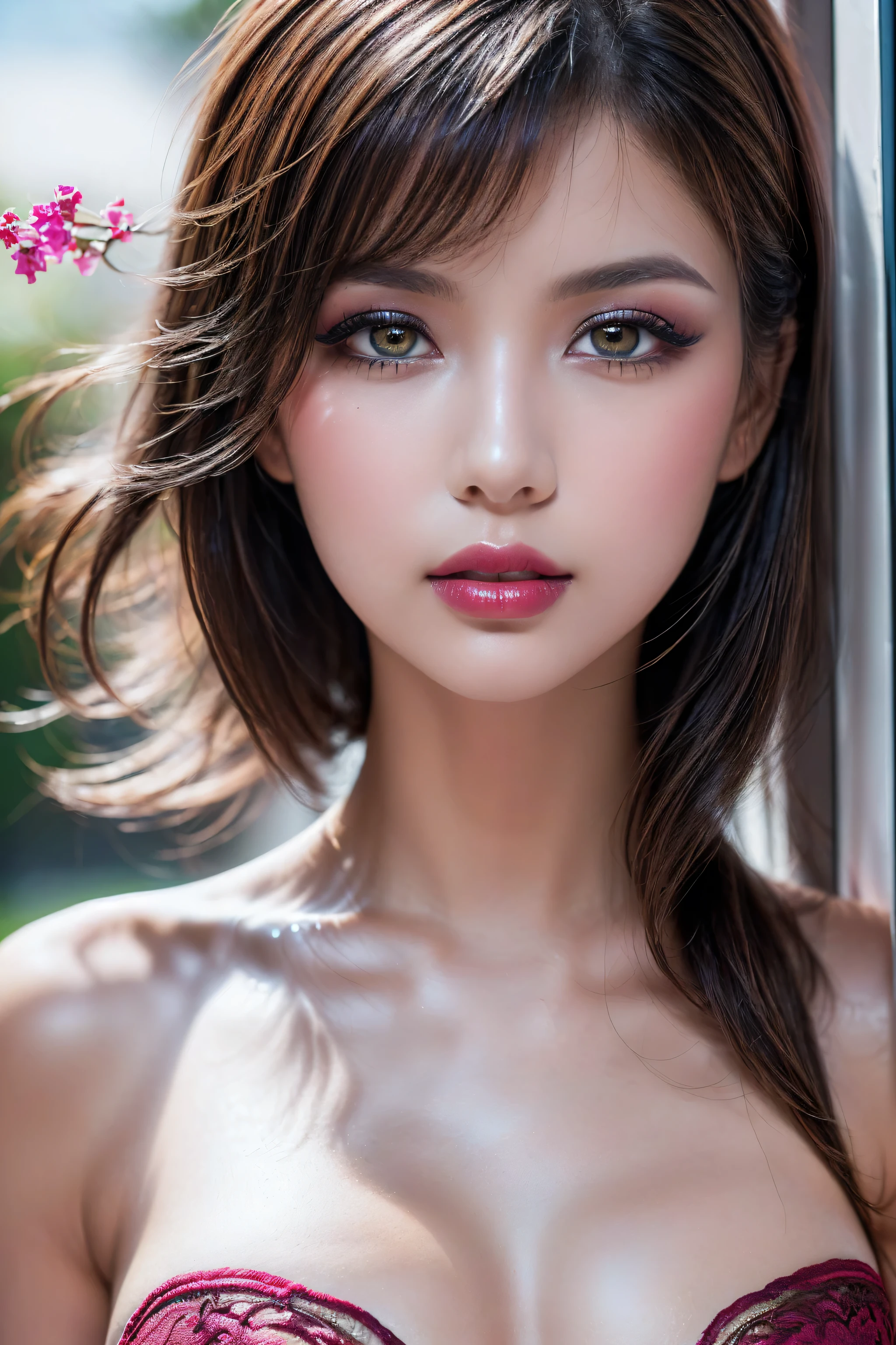 Quality\Realistic,(photorealistic Realism),(highest resolution),(intricately detailed digital art),(ultra real texture skin,ultra real texture hair,ultra quality,professional photography,ray trace,golden ratio\), BRAKE , Famale\solo,1woman,20yo,(glamour shot of girl:1.2),(Super beautiful), The attention to detail, focus of girl, dynamic pose, sexy and seductive,flirty smile,dslr,high quality split lighting,sharp focus captured by Fujifilm XT3,f 5.6, in a dramatic lighting,(perfect composition\),Skin\(white,pale,smooth,silky,shiny\),Eyes\(sharp focus,Ultra resolution,absurd quality,clearly visible ultra details,no blurry,perfect round realistic dark brown_eyes:1.35),(extremely fine details eyes),((close-up of eyes:1.3)),(finely detailed pupils,(extremely fine details of pupils:1.3)),((extremely fine details of iris:1.3)),((Vibrant eye digital art:delicately painted in mesmerizing array of colors:1.3\)),wear makeup\(professional makeup:1.34),(Thin eyebrows),Carefully draw Long eyelashes,((perfect dark_eyeshadows:1.44)),detailed lips:1.3,(apply glossy red_lipstick:1.25),(pink_makeup:1.35\),Costume\((random u%u top:1.35\)),(beautiful little nose),perfect proportions,anatomically correct,perfect female body,(firm and full breasts:1.3), BREAK ,Background\(perfect composition),(outside,an orchard of blooming cherry trees),look at the viewer,